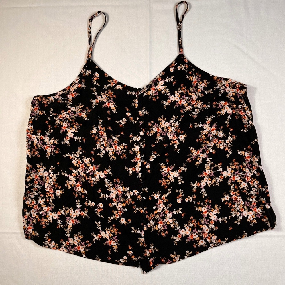 Old Navy Floral Cami Tank Top Womens L Black Adjustable Straps Button Back